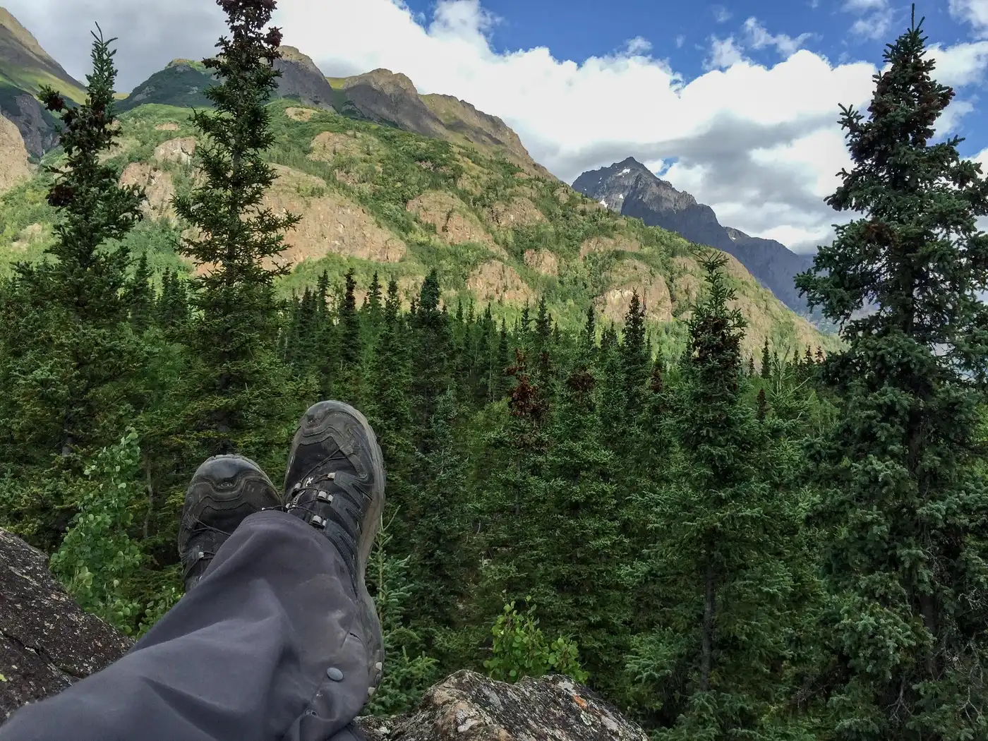 Two hiking boots crossed at the ankles on a rock, above a spruce forest and a mountain ridge