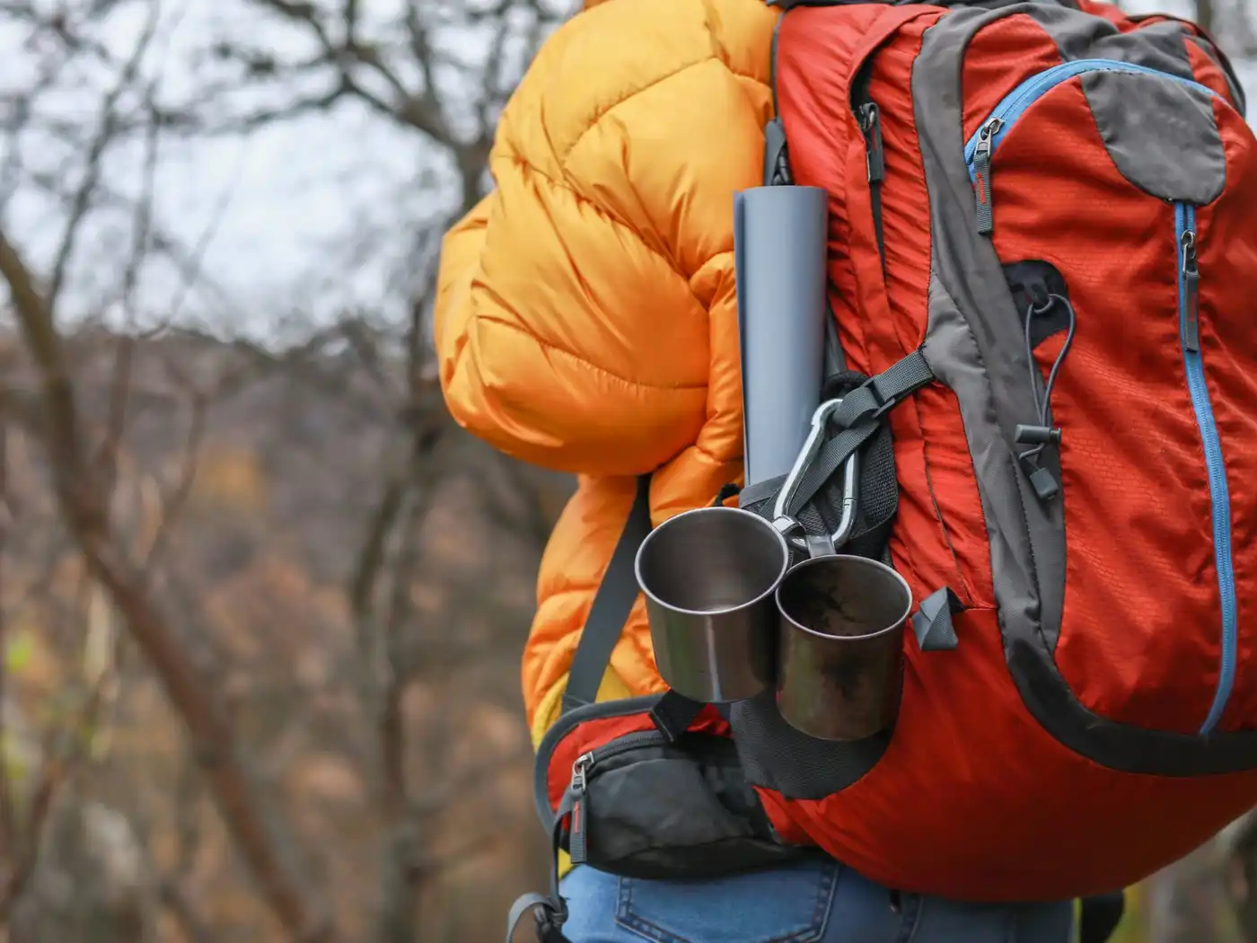 A hiker in a yellow down jacket seen from behind, wearing a red and grey backpack with two steel mugs clipped to the side